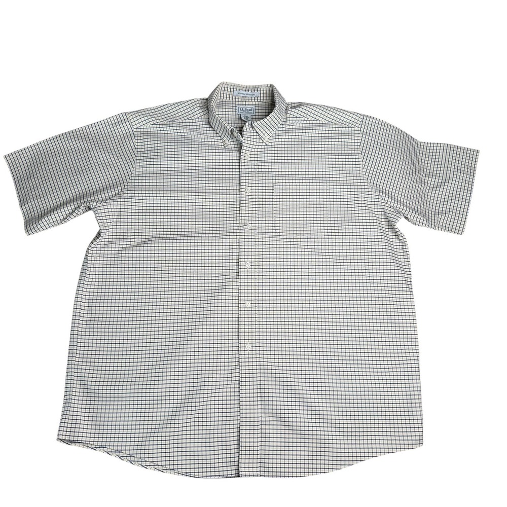 LL Bean Mens 18 Reg Shirt Short Sleeve Wrinkle Resistant Tattersall Navy Yellow